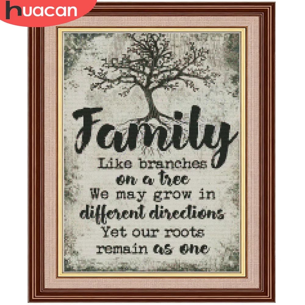 HUACAN Kit Completo Punto Croce 11CT, Ricamo Paesaggistico con Famiglia e Albero, Filo DMC, Cucito a Mano, Tela Stampata, Decorazione da Parete