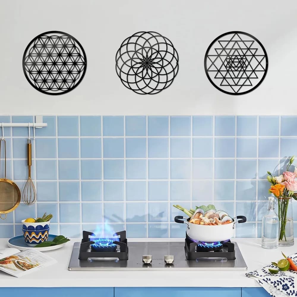 Set di 3 Opere d'Arte in Metallo con Geometria Sacra, Decorazione Mandala Fiore della Vita Sri Yantra in Nero da 11,8 Pollici, Decoro Boho Spirituale in Metallo