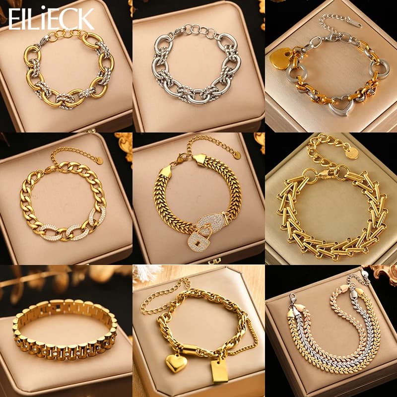 EILIECK Bracciale spesso in acciaio inossidabile 316L color oro per donna, moda hip-hop, braccialetto impermeabile, catena da polso, gioielli, regalo per signora