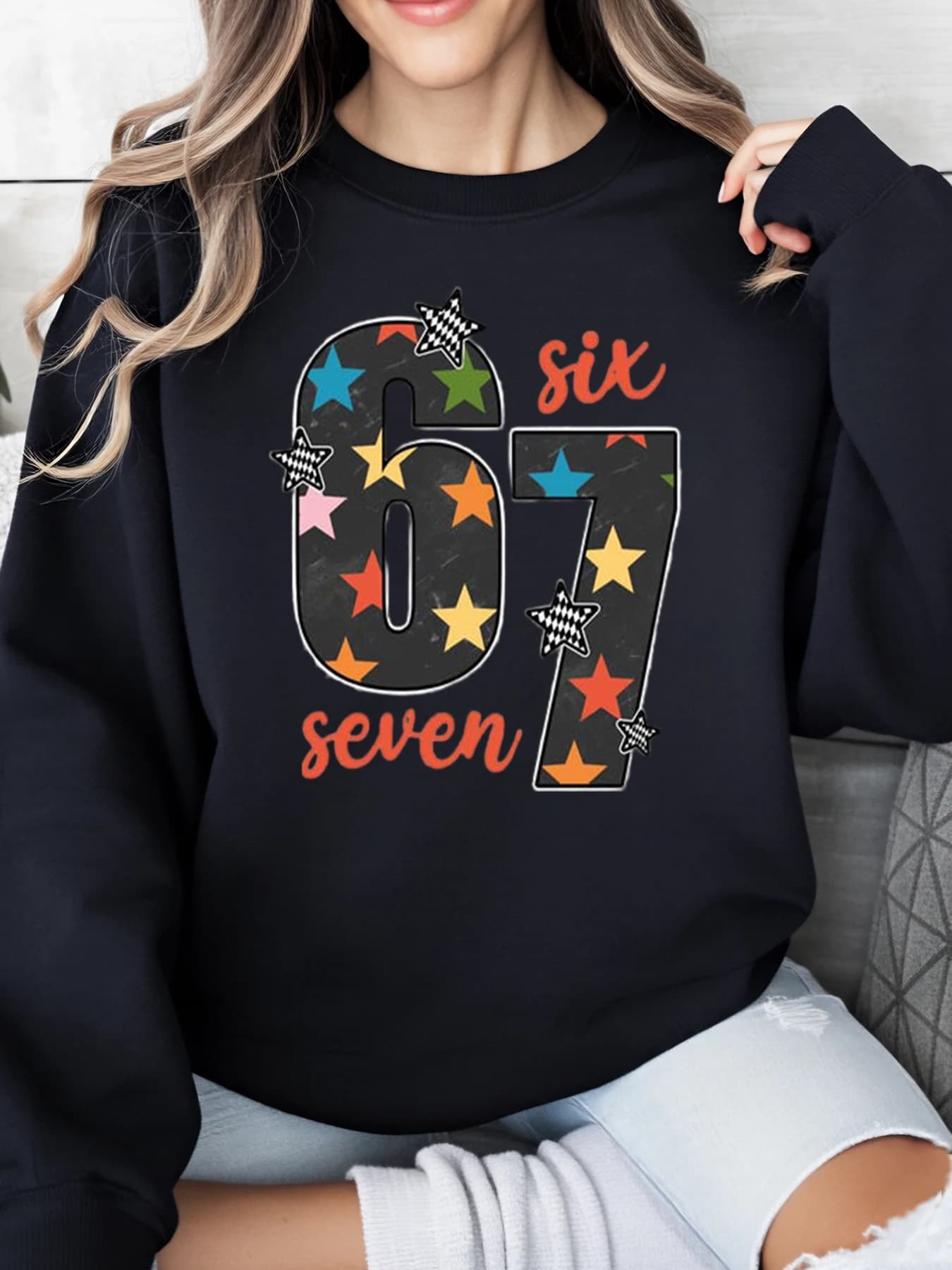 Number 67 with Stars and Text Sweatshirt for the celebration of the six and seven Women's Casual Clothing Black Party Plus Sizes