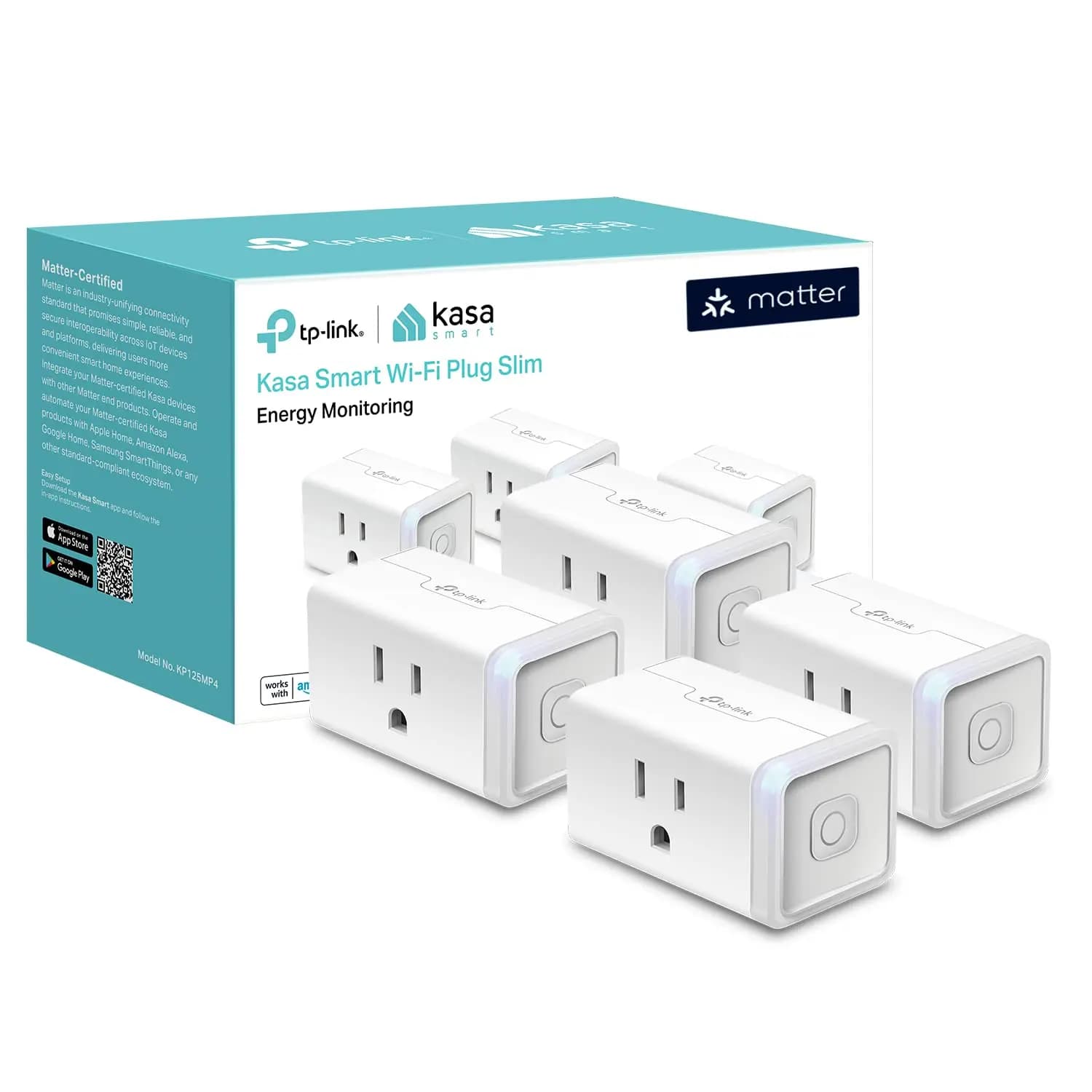 Smart Plug with Energy Monitoring, Compact Flame Retardant Design, 15A/1800W Max, Works with Apple Home, Alexa & Google Home, Matter Compatible, 2.4G Wi-Fi Only, 4-Pack