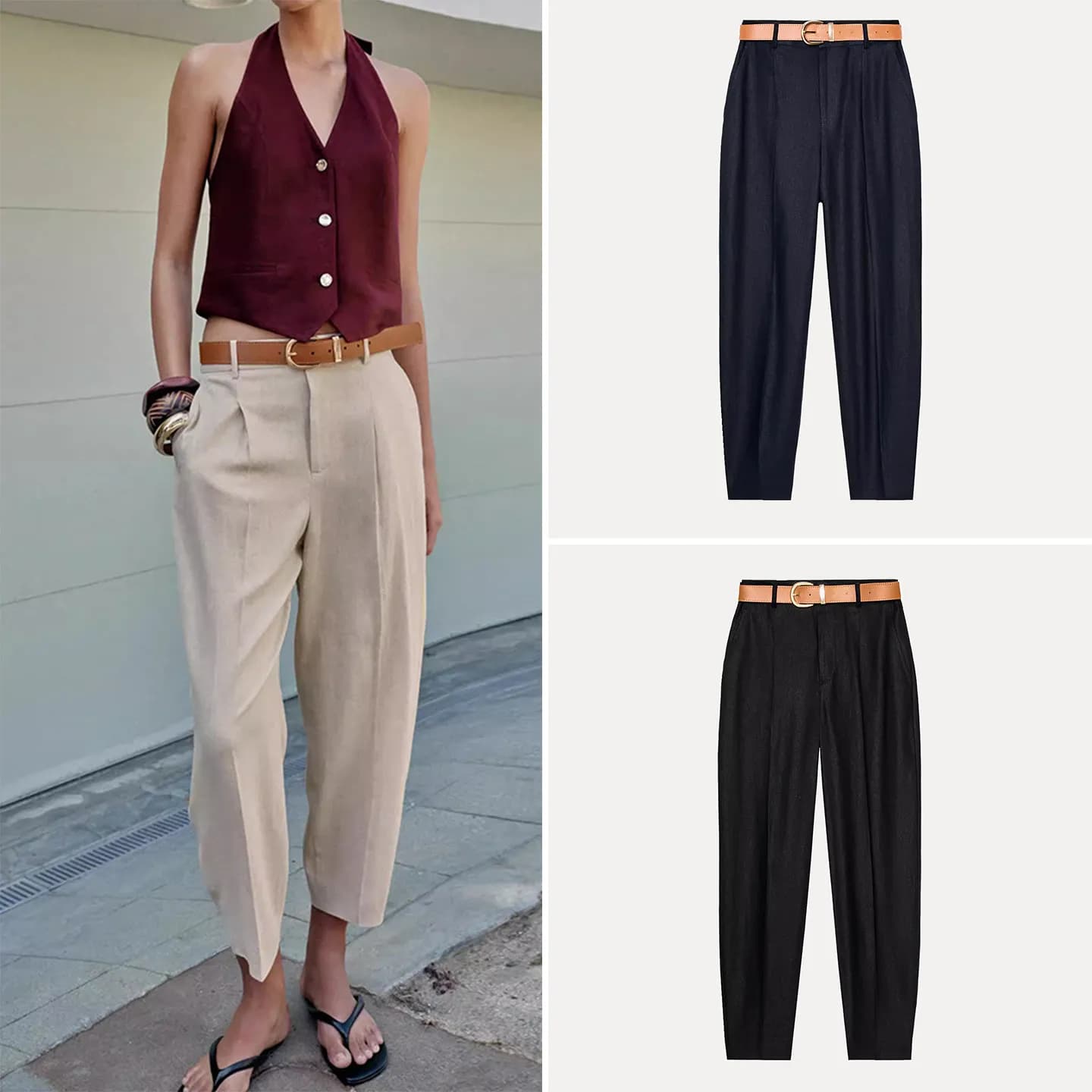 Pantaloni Casual Eleganti da Donna con Pieghe e Cintura, Gamba Dritta, Vita Naturale, Nuovi Arrivi Primavera 2026, 100% Altri Materiali