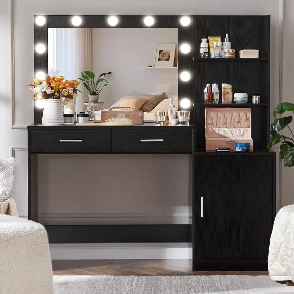 Toeletta Contemporanea con Lampada e Specchio Integrati, Panca Contenitore, Perfetta per Trucco e Uso in Camera da Letto