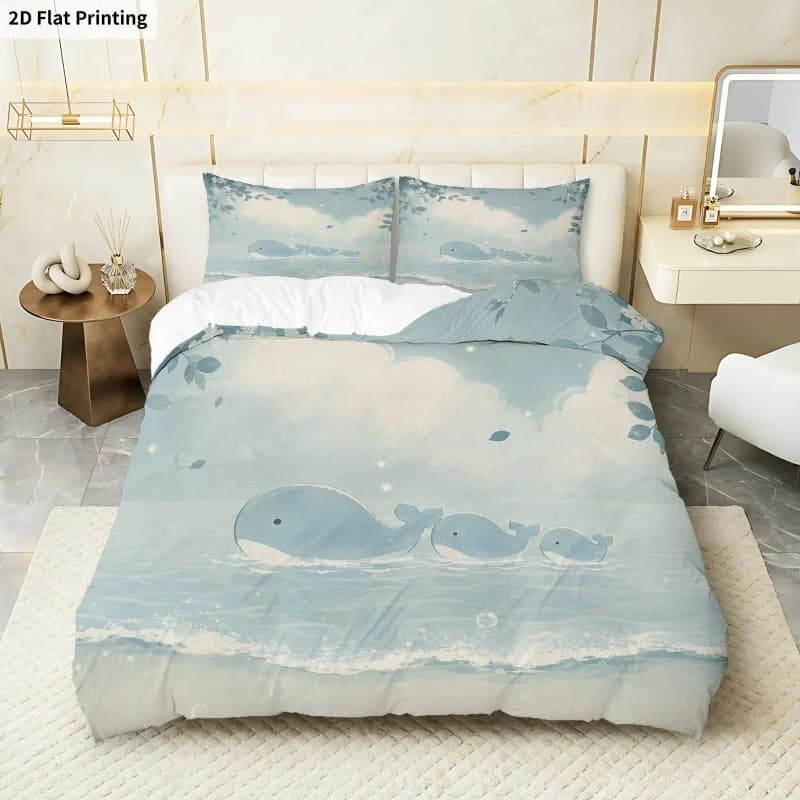 3PCS Duvet Cover, 1 Duvet Cover + 2 Pillowcases (Without Filler) Whale Family Pastel Ocean