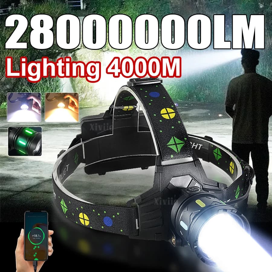 Faro LED a luce intensa 28000000LM, il più potente, ricaricabile, con zoom, lanterna per esterni, ideale per campeggio e lavoro
