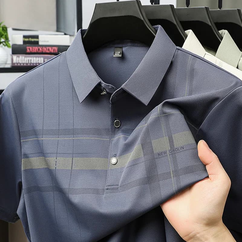 Polo da uomo con motivo a quadri, tessuto traspirante ad asciugatura rapida, top a maniche corte con risvolto, per affari e uso quotidiano