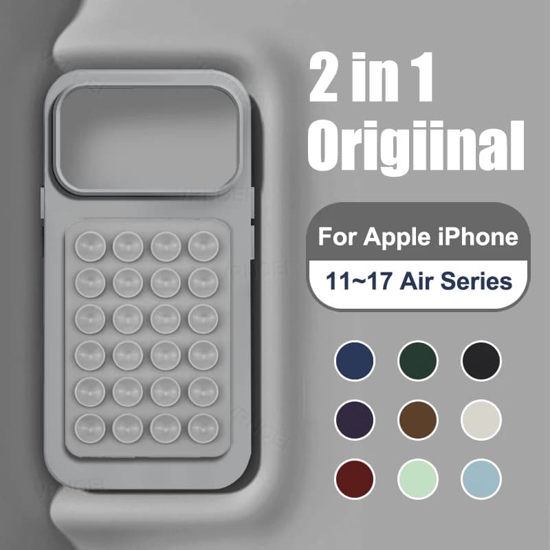 Silicone Suction cup holder case For iPhone 16 14 12 11 13 15 17 Pro Max Soft Shockproof bracket Cover For 16 15 14 Plus Air