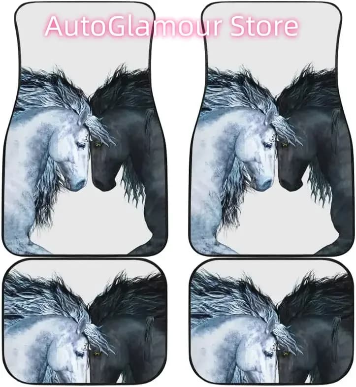 Tappetini per auto per cavalli Tappetini per auto personalizzati per cavalli neri e cavalli bianchi, set di 4 tappetini per auto universali adatti alla maggior parte dei veicoli
