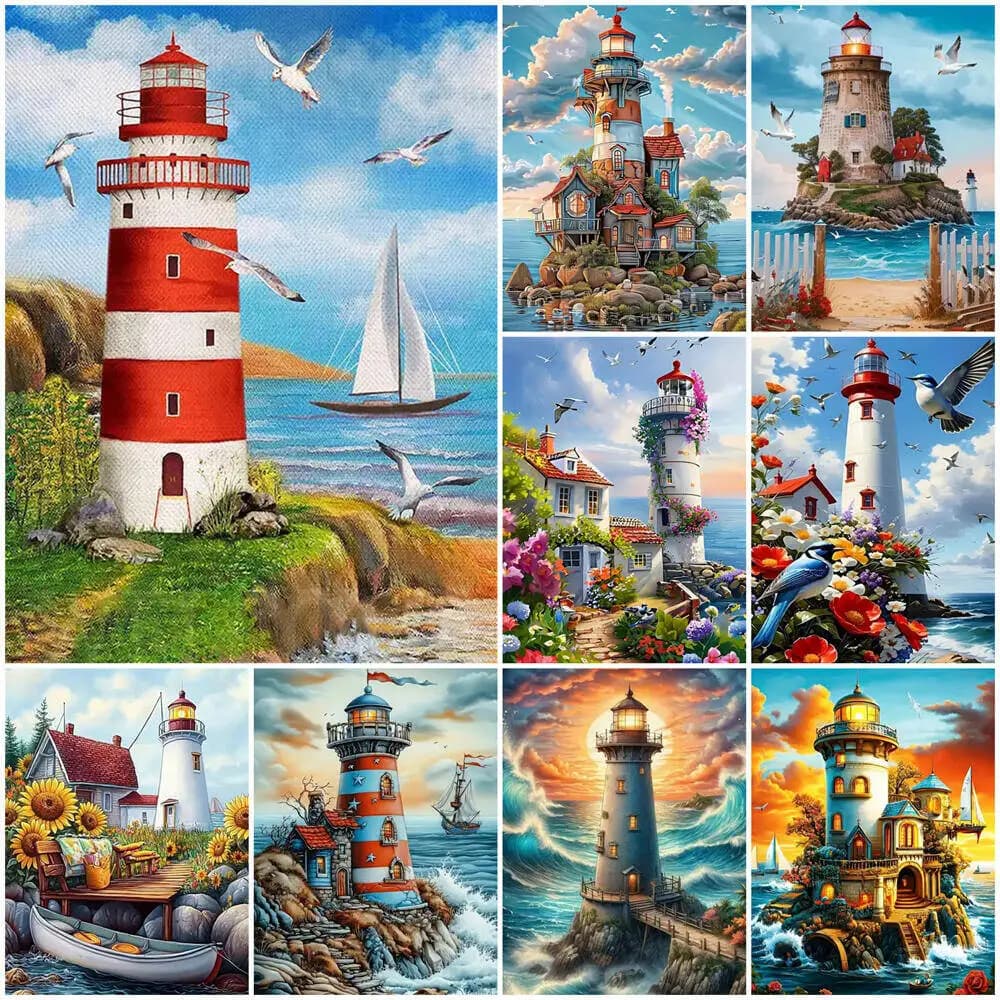 DIY Painting By Numbers Lighthouse House Landscape Acrylic Paint Sea Boat Digital Oil Painting Seagull Drawing Canvas Home Decor