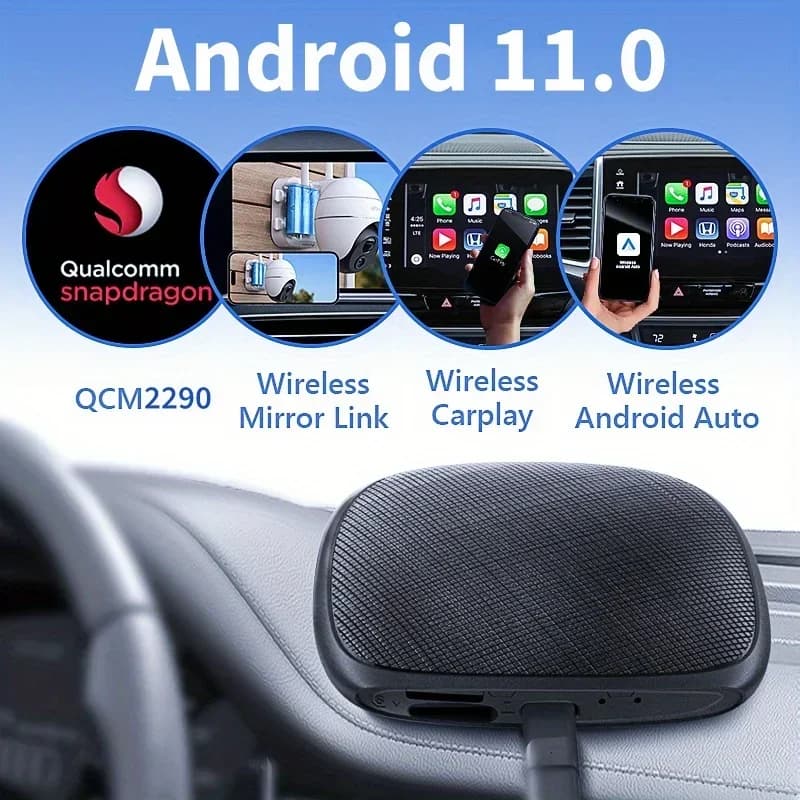 Adattatore Carplay wireless Ai Box Plus CarPlay con supporto scheda Android 11.0 e TF - Audio/Video per auto, CPU a 4 core QCM2290 2 GB+16 GB
