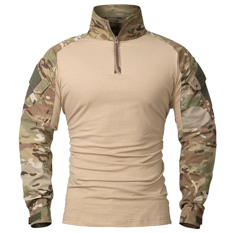 Camicie tattiche da esterno da uomo Camicia da combattimento a maniche lunghe Camicia da combattimento 1/4 Cerniera Ripstop Top Abbigliamento da lavoro pullover Camo Airsoft T-shirt