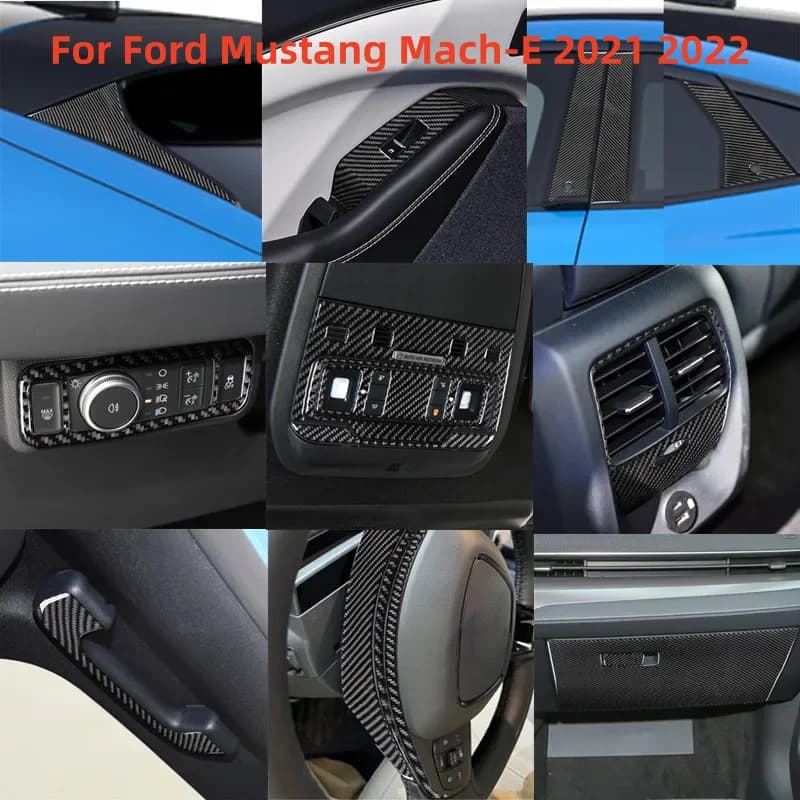 Per Ford Mustang Mach-E 2021 2022: Cornici per pulsanti delle prese d'aria interne, Cornici per vano portaoggetti, Pannello centrale del cambio, Adesivo in fibra di carbonio
