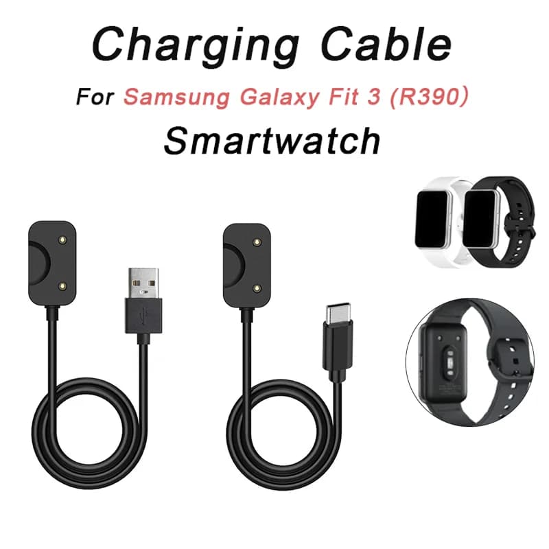 USB/Type C charging cable for Samsung Galaxy Fit 3 (SM-R390) smartwatch, including a dock adapter, with a length of 100 cm.