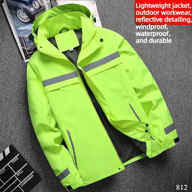 Giacca da lavoro leggera con cappuccio, giacca a vento da esterno riflettente impermeabile resistente all'abrasione