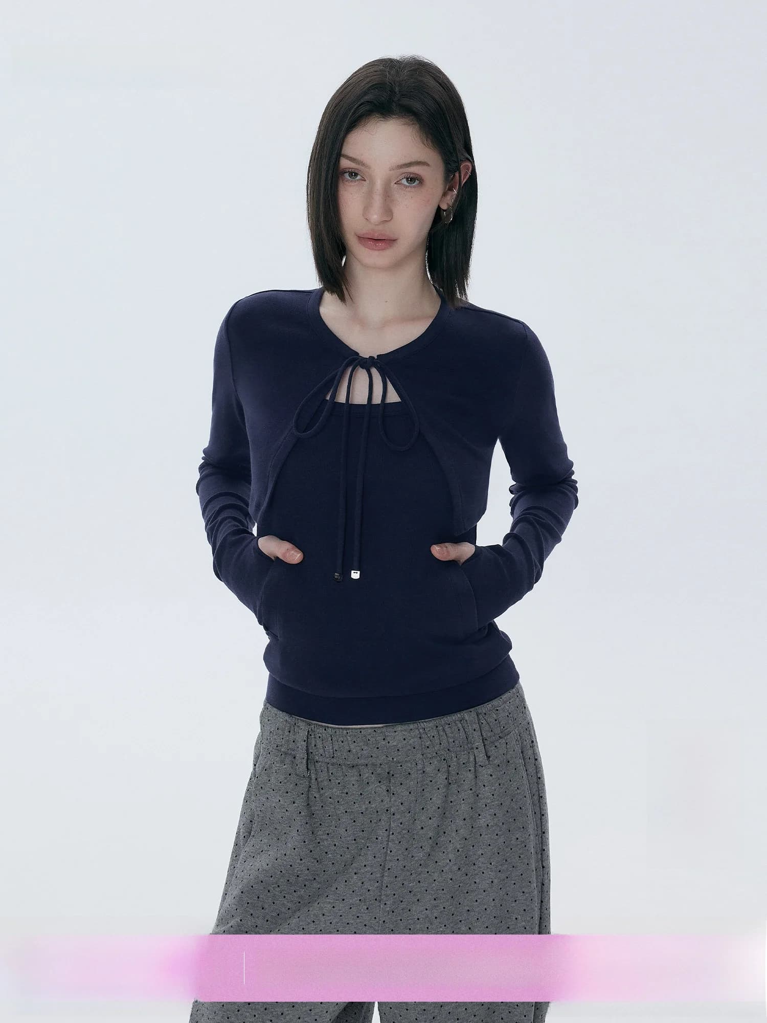 Cardigan Corto alla Moda Stile Due Pezzi con Maniche Lunghe e Cintura, Design Trendy a Strati di Annachic