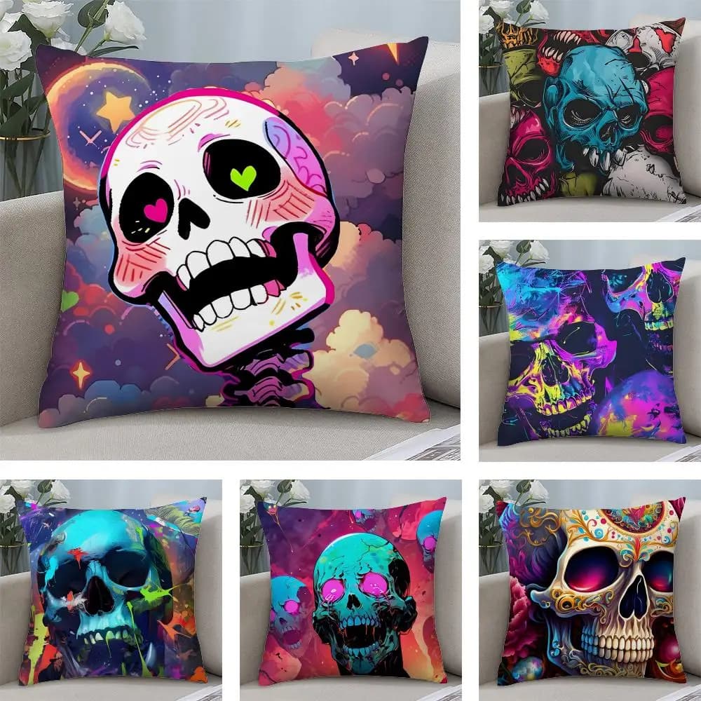 Pillow sheet with coloured skull, in soft fabric sweatshirt, printed on both sides, warm for winter, for sofa, home, children's gift
