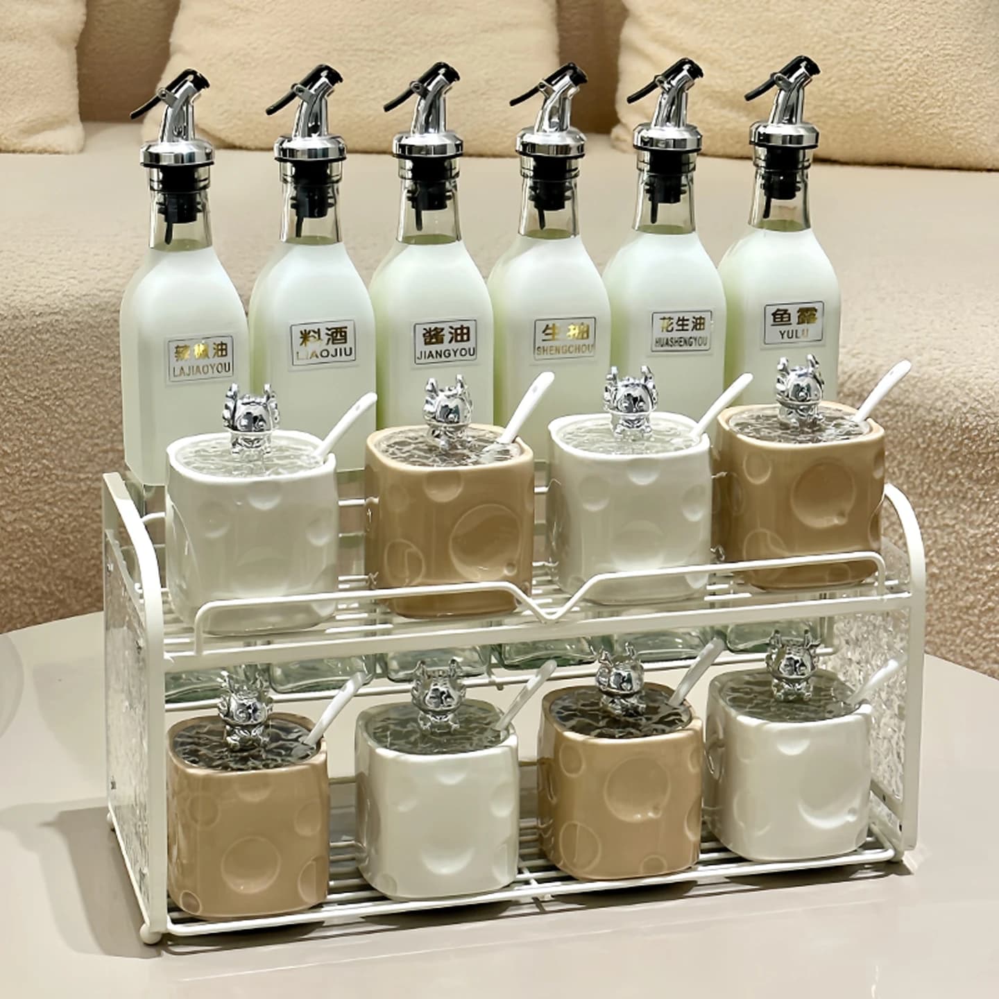 Set di spezie da cucina: bottiglie per dispenser di olio, contenitori per condimenti anti-fuoriuscita, salsa di soia e portaceto, organizer salvaspazio