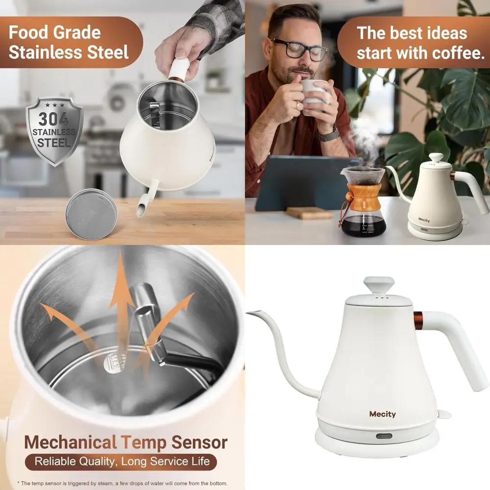 Stainless steel gooseneck electric kettle for pour-over coffee, 1000W, 27 oz, automatic shutdown, white milk