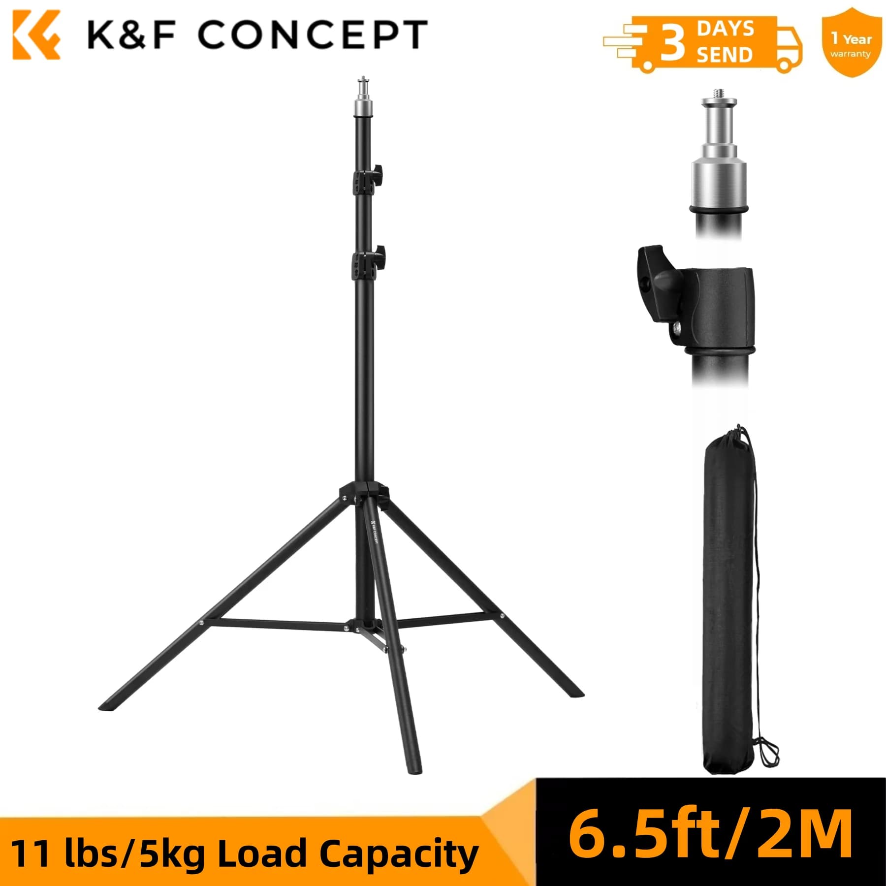 K&F CONCEPT Extensible Lighting Rod 2m/78.8in, Treppiede for Photography and Video, Camera and Softbox support with 1/4" screw and Transport bag