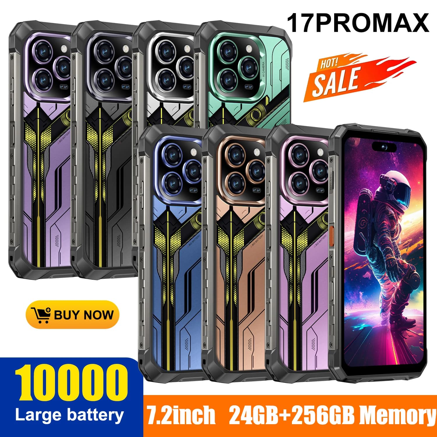 IVMI I17 PROMAX Telefono Impermeabile e Resistente, Batteria 10000mAh, Memoria Massima 24GB+256GB, Fotocamera con Visione Notturna, Schermo da 7,2 Pollici, NFC, Smartphone