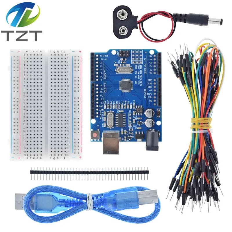 Starter Kit per arduino UnoR3 - Pacchetto di 5 articoli: UnoR3, breadboard, ponticelli, cavo USB e connettore batteria da 9 V per fai da te