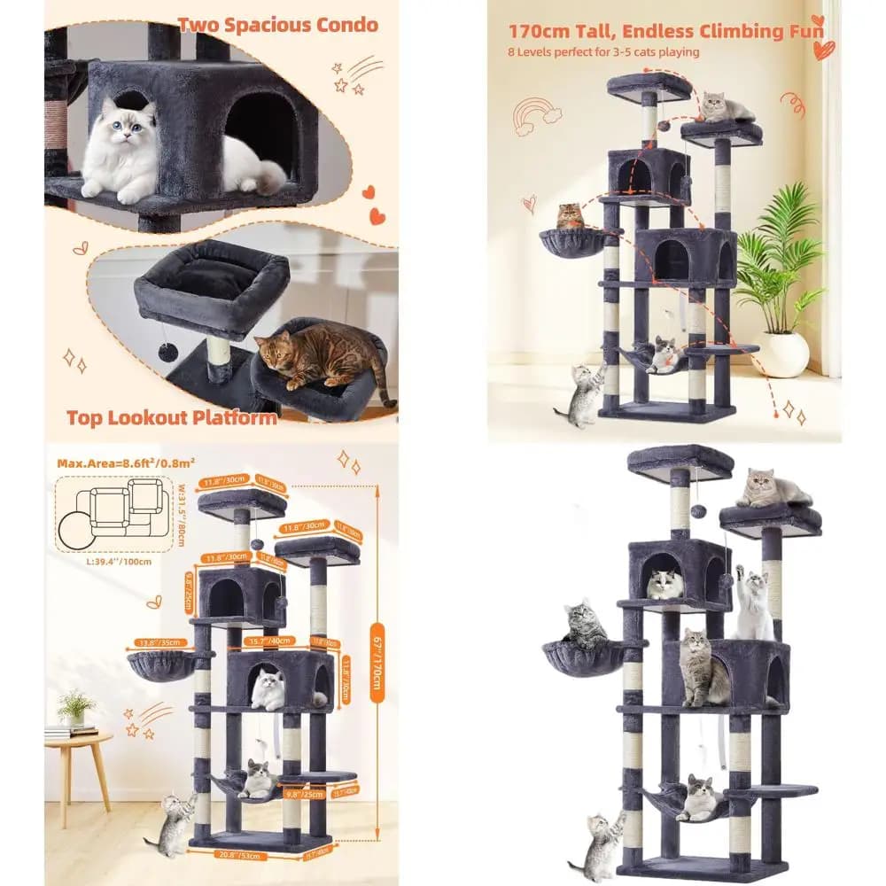 Torre per Gatti da Interno 66.2 con 7 Posti per Tirare, 2 Piattaforme, 2 Grotte, Amaca, 2 Pompon, Grigio Fumo