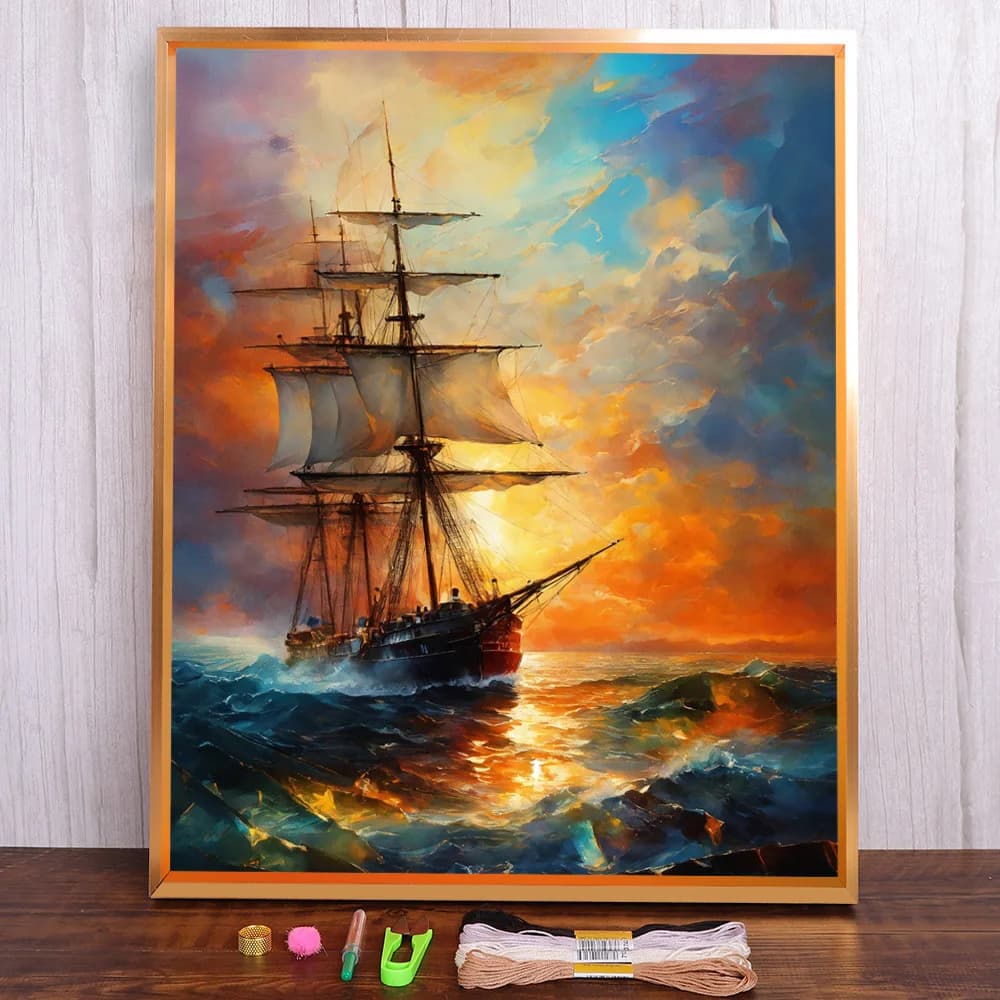 Paesaggio Barca a vela Tessuto stampato Punto croce Modelli di ricamo Maglieria Artigianato Pittura Ricamo Pacchetto magico Contati
