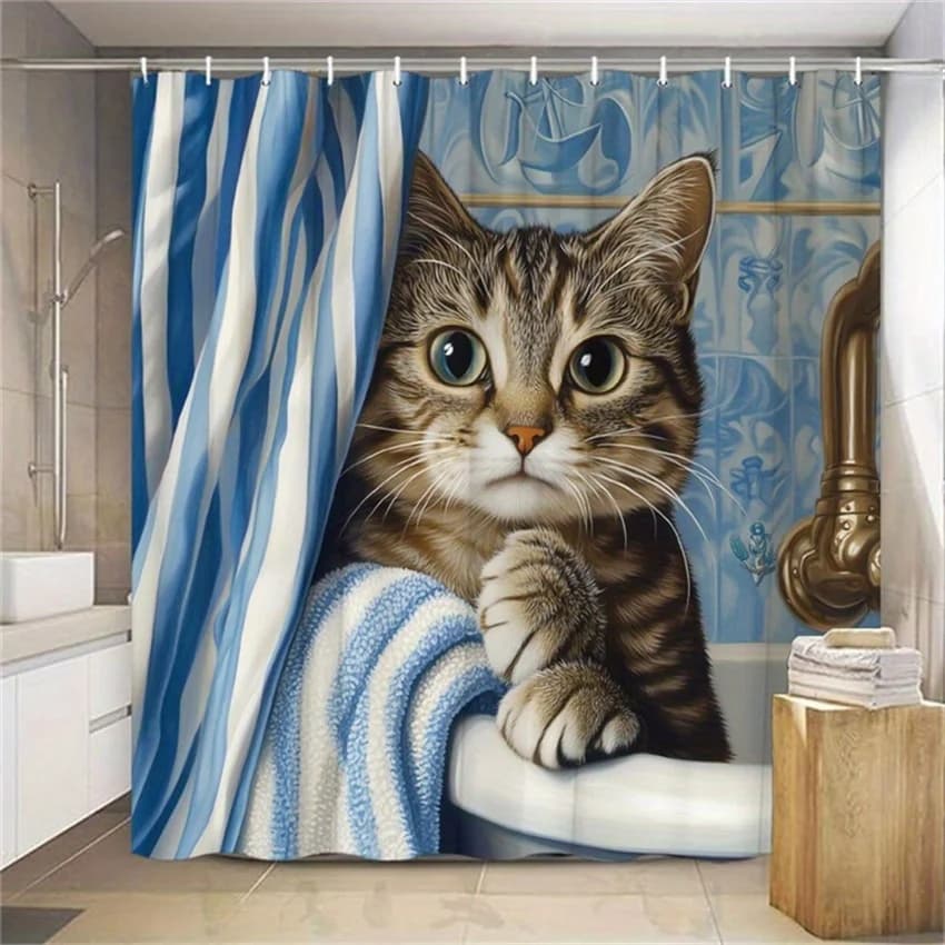 Curious kitten in striped curtains Shower curtain - Water resistant fabric for the bathroom - Perfect for cats and extravagants