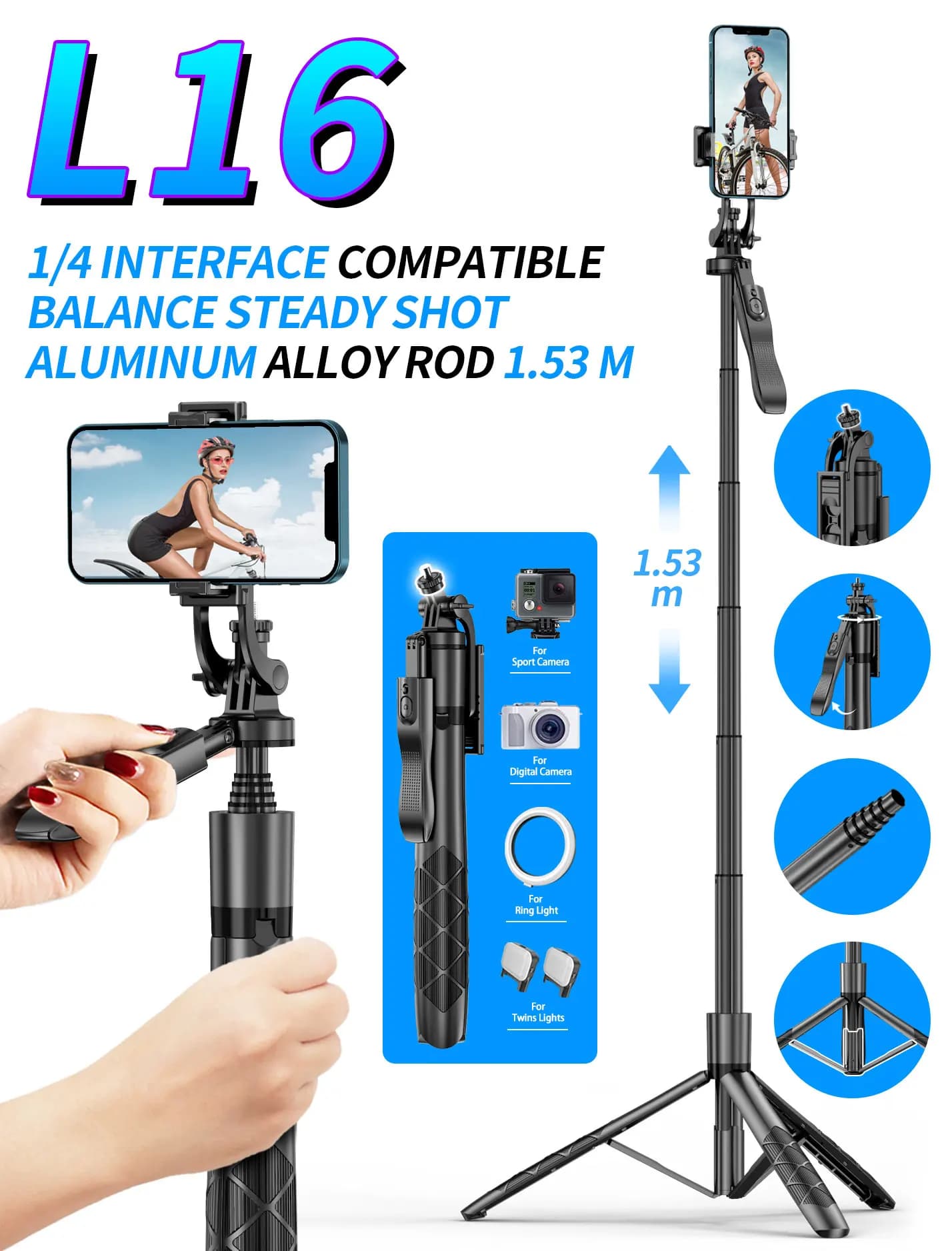 Bastone selfie portatile Bluetooth L16 Doppia luce di riempimento Stabilizzatore portatile Supporto per asta telescopica da pavimento per treppiede per streaming live