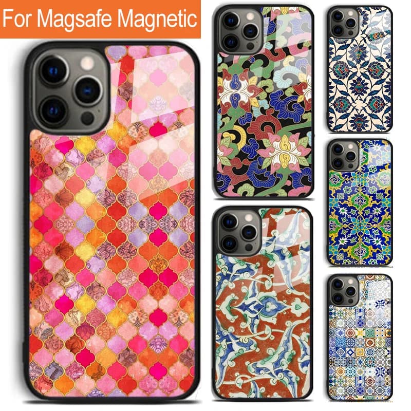 Cover per iPhone 17 Air 16 15 14 12 Pro Max Plus con Motivo Floreale Antico, Compatibile con Ricarica Wireless Magnetica Magsafe
