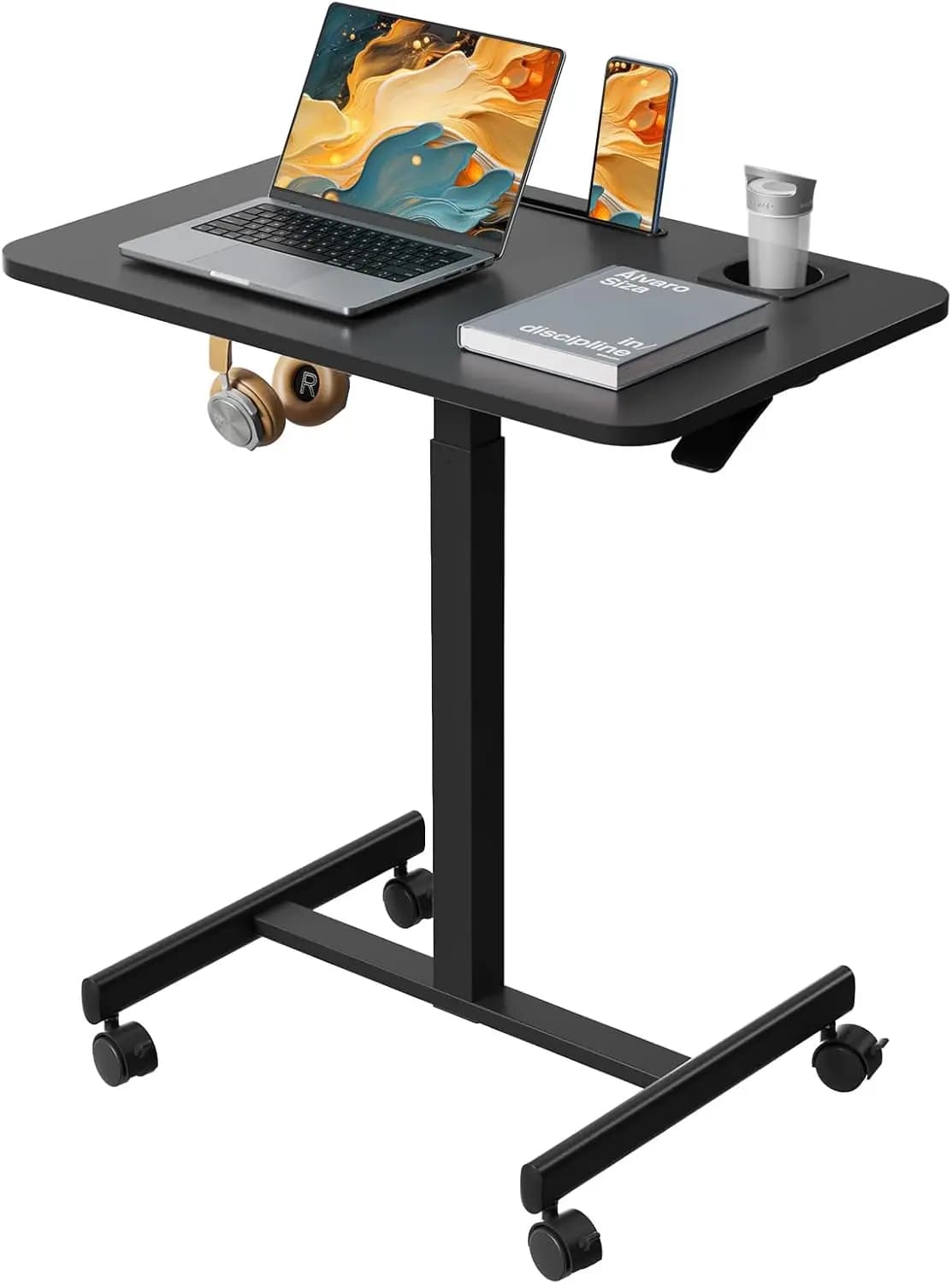 Scrivania mobile regolabile in altezza, carrello per laptop con portabicchieri, tavolo portatile da 28 pollici con 4 ruote bloccabili