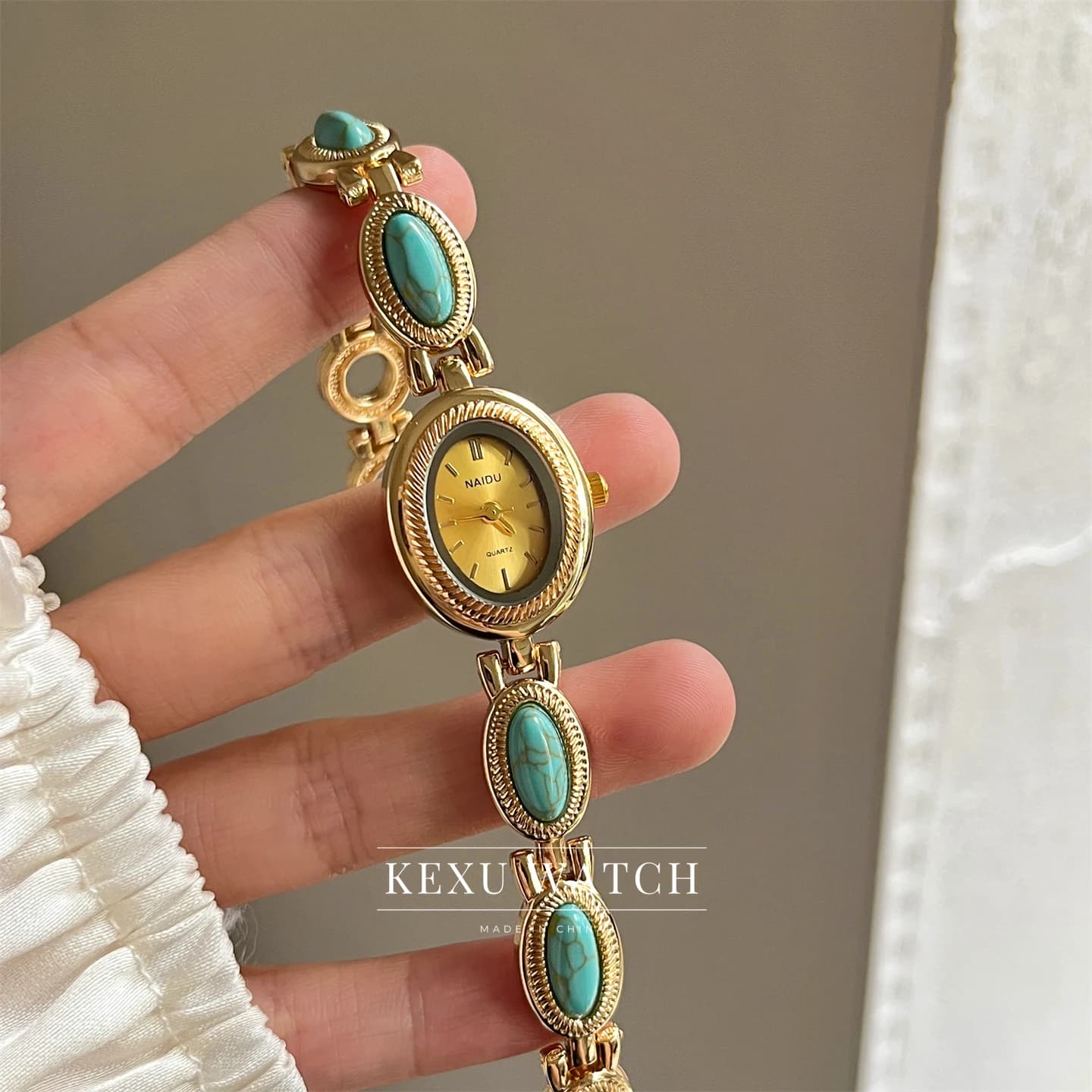NAIDU Watch for Women, Elegant Natural Stone Bracelet Watches Wholesale, Dainty Emerald/Blue/Red/Pink/Yellow/Beige Dial Watches