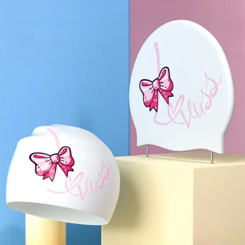 Women's Swim Head Printed Swim Head with Pink Bow Large Long Hair Ear Protection Silicone Swimwear Soft Pool Accessories