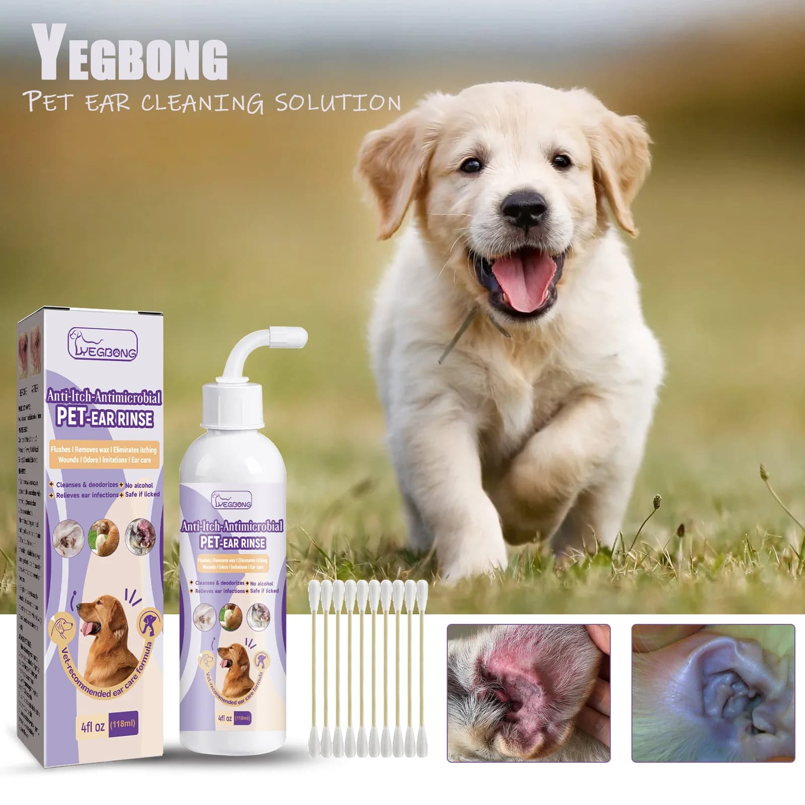 Yegbong Pet Ear Cleaner for Cats And Dogs - Natural Solution Ear Wash Drop Relief from Itching Odor Earwax Mite Killer