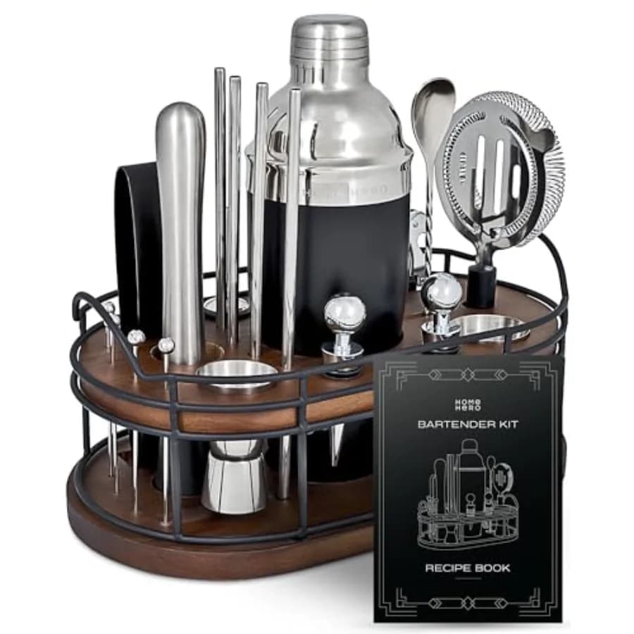 Bartender Kit - 22-Piece Cocktail Shaker and Bar Tool Set - Wooden Stand Display and Bar Cart Accessories - Recipe Book and Hou