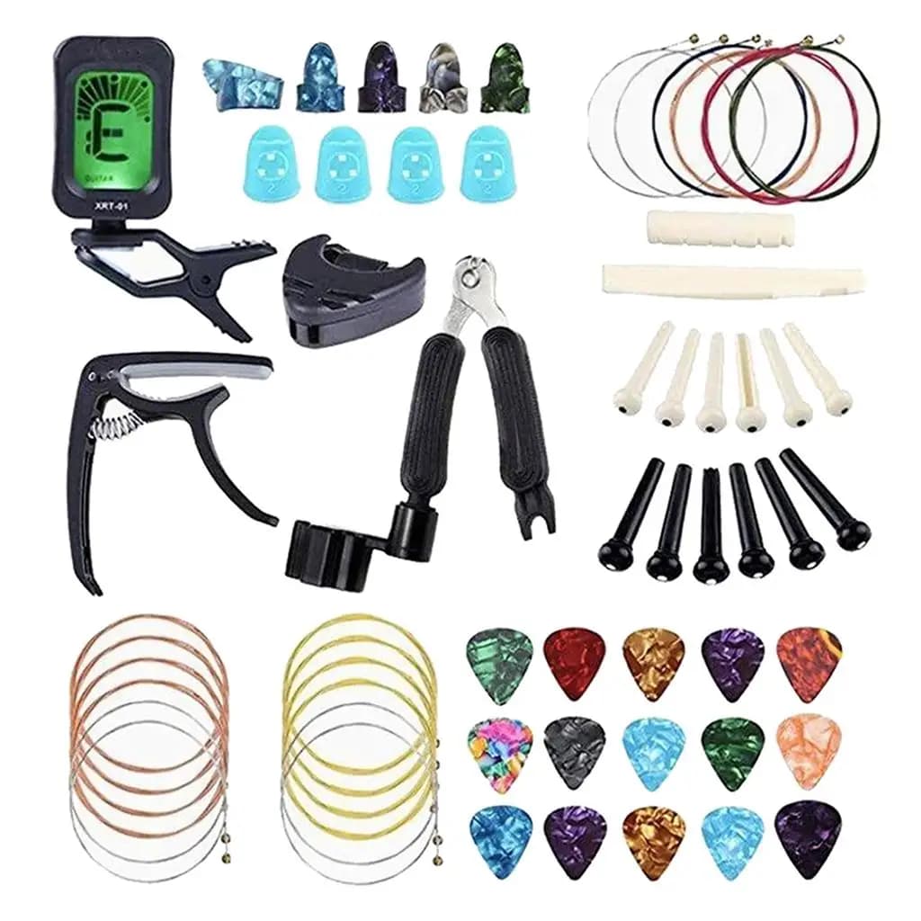 Il kit di accessori per chitarra include corde per chitarra, capotasto, strumento di ripristino, plettri, supporto per plettro, perni del ponte, dadi e selle, dito