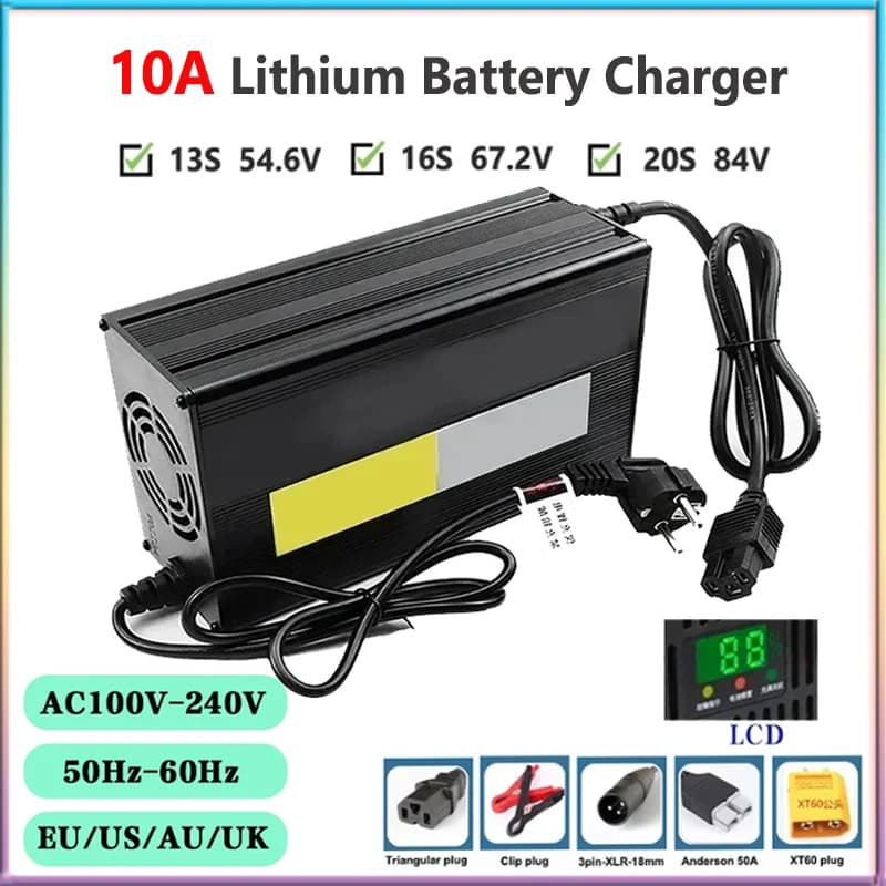 10A 48V 60V 72V Lithium Battery Charger for 13S 16S 20S 54.6V 67.2V 84V Li-ion Battery Fast Charger LCD Display Aluminum Shell