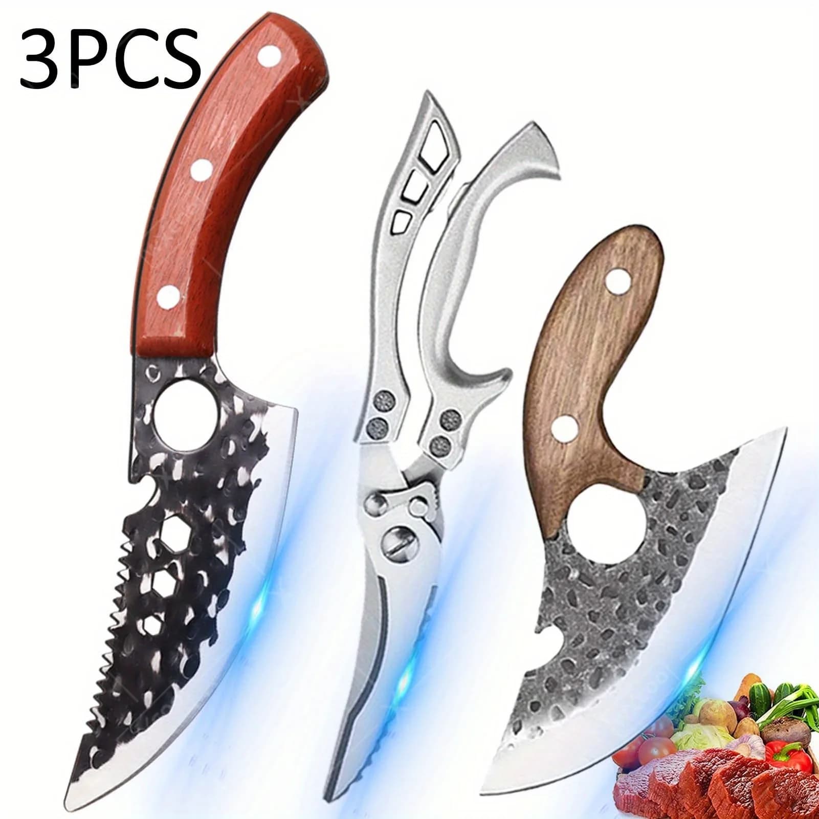 Set of 3 Forged Professional Knives: Kitchen knife, Butcher's knife, Multipurpose Chef's knife, Poultry and Fish scissors