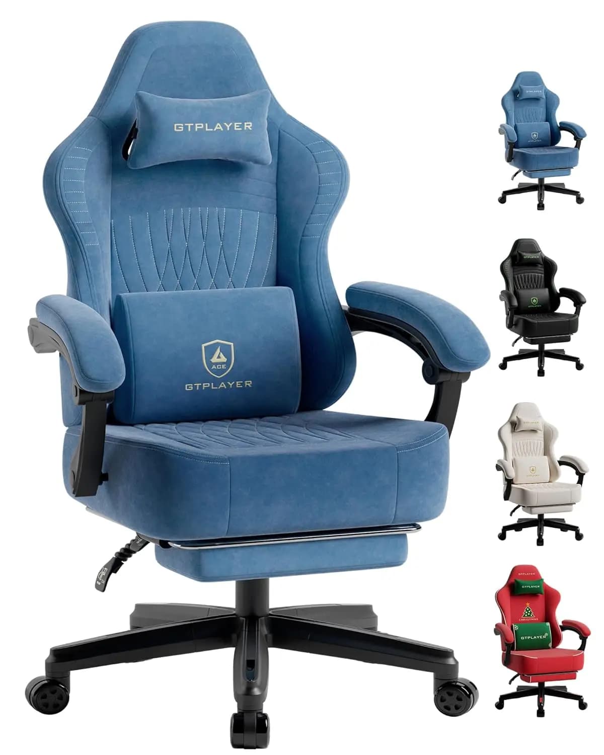 Sedia da Gaming Extra Larga con Schienale Alto, Poggiapiedi, Cuscino a Molla, Braccioli Collegati, Reclinabile, in Velluto Blu, Personalizzabile