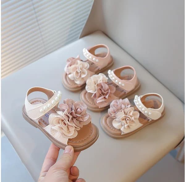 Sandali floreali per bambine, morbidi sandali da spiaggia principessa per bambini, con grandi fiori, perle, punta aperta, antiscivolo, nuovo coll