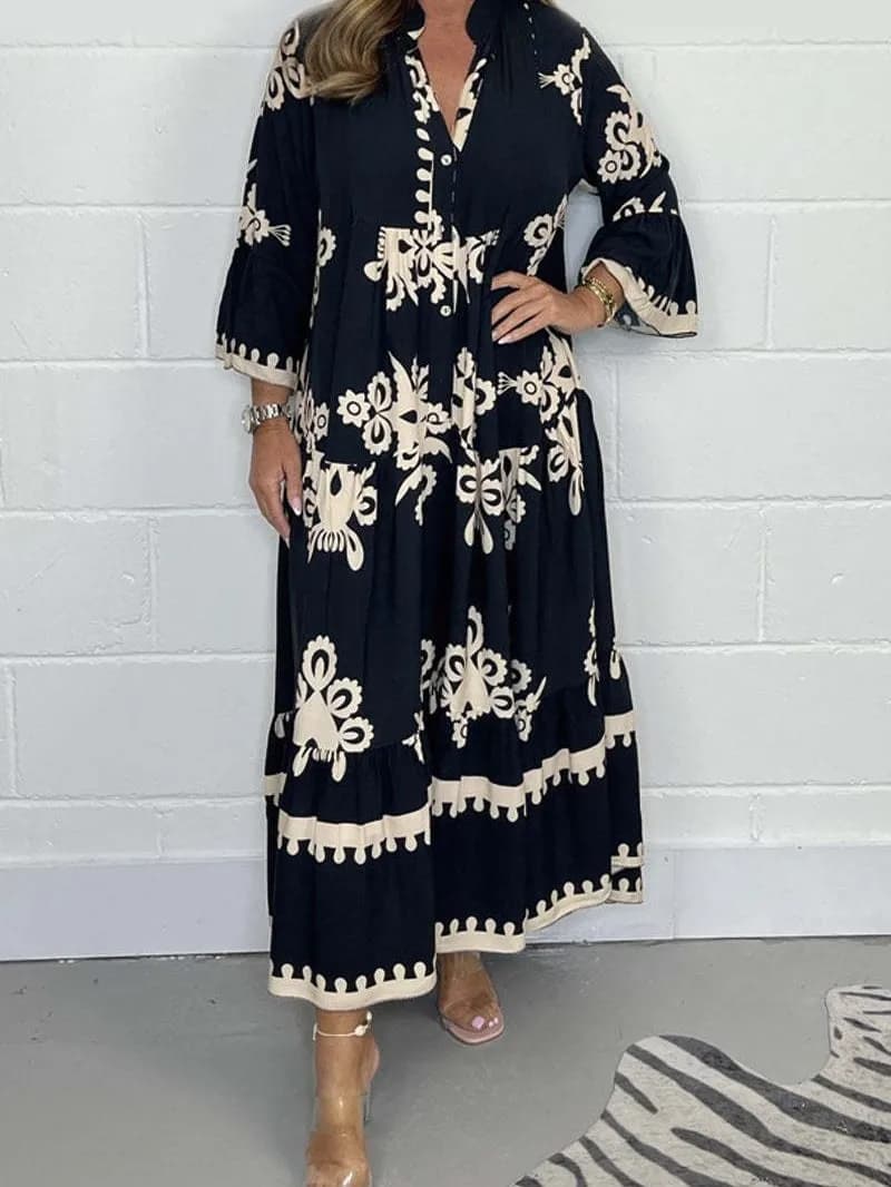 Elegant Printed Stand Collar Waist Cinched Dress Women's Fashion Spring New Arrival A-Line Skirt Polyester Fabric Bell Sleeve