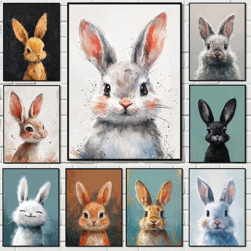 Modern Cute Cartoon Stuffed Rabbit Portrait Animal Posters Prints Diamond Painting Wall Art Picture Living Room Home Decor