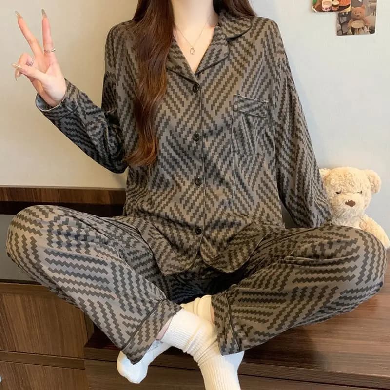 High Sizes French Striped Pjamas for Women Spring and Autumn Long Sleeved Nightwear Students Nightwear Homewear