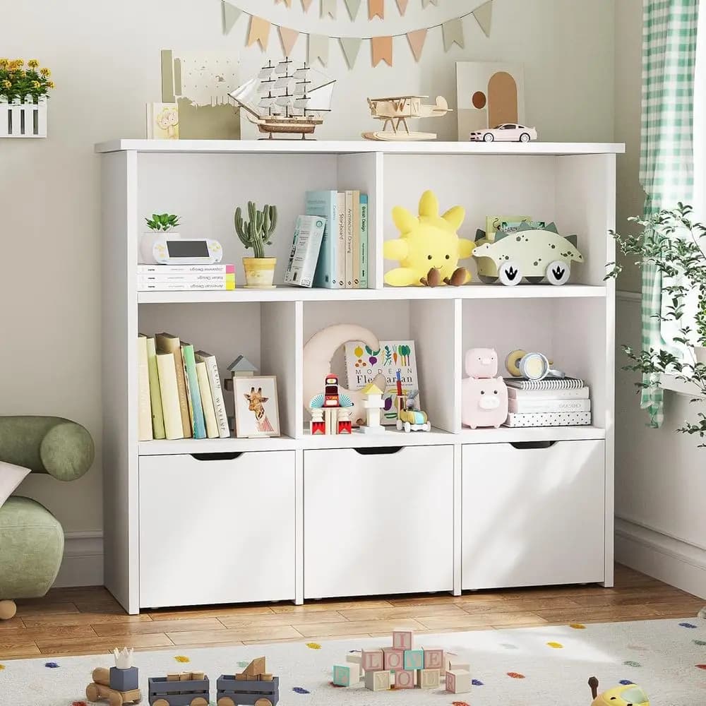 Bookcase and Organizer Toys White for Children with 3 shelves, 5 Departments and Wheels for Conservation in Games Room