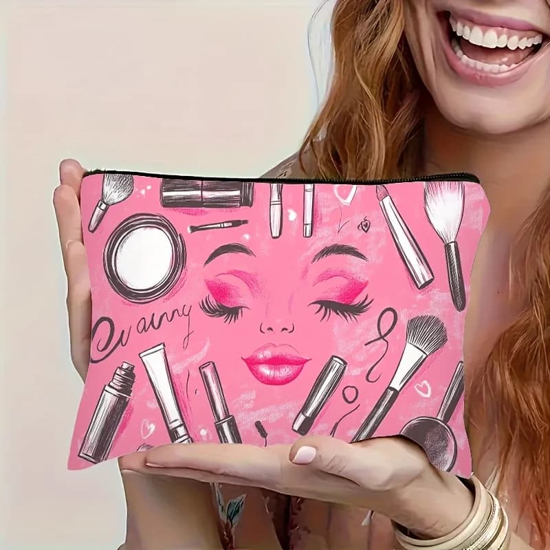Una borsa per il trucco con elementi cosmetici rosa: simpatica custodia multifunzionale con cerniera per donna, borsa per riporre gioielli