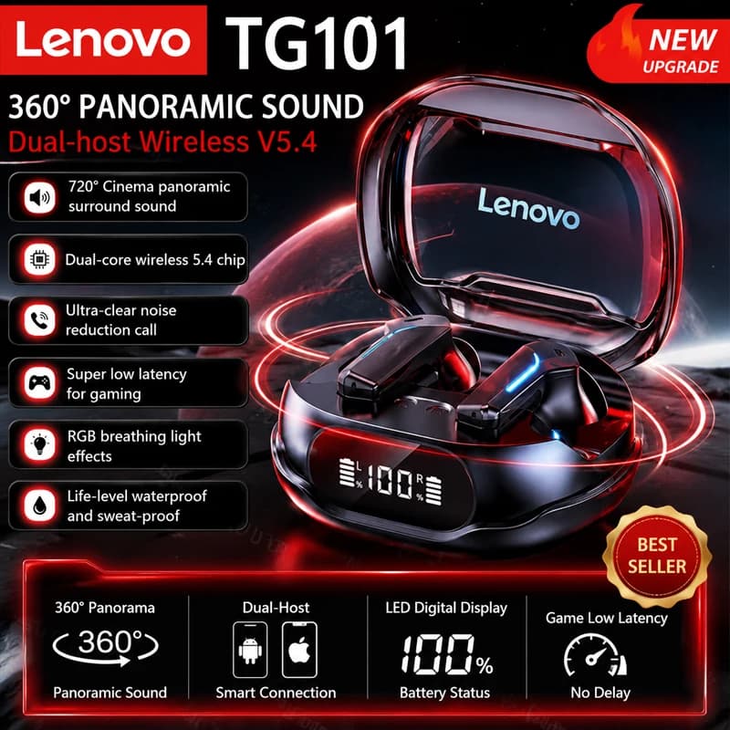New Lenovo TG101 Wireless Bluetooth Earphone Business Music Bluetooth Headphone HD Call with Mic 30H Battery Life Gaming Headset