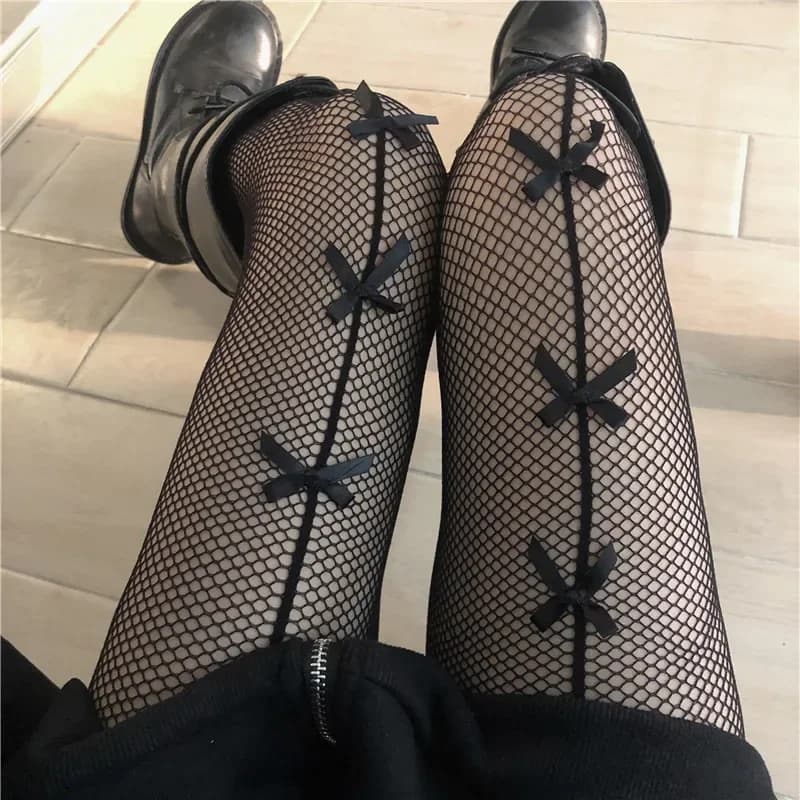 1 Pezzo Calze a Rete Sottili da Donna Stile Lolita Gotico con Fiocco in Pizzo, Calze Lunghe Estive per Uso Quotidiano