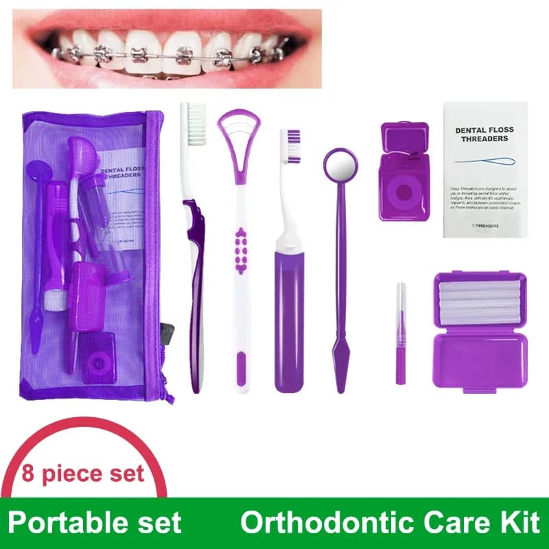 8pcs/set Dental Care Brush Kit Multicolour Dental Wax Teeth Cleaning Tool Mesh Bag Foldable Interdental Brush Floss Thread Wax
