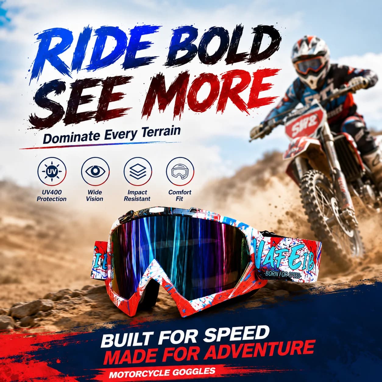 Red Blue Graffiti Motocross Goggles UV400 Wind Dust Proof For Dirt Bike ATV MTB Ski Cycling Racing Sports Eyewear