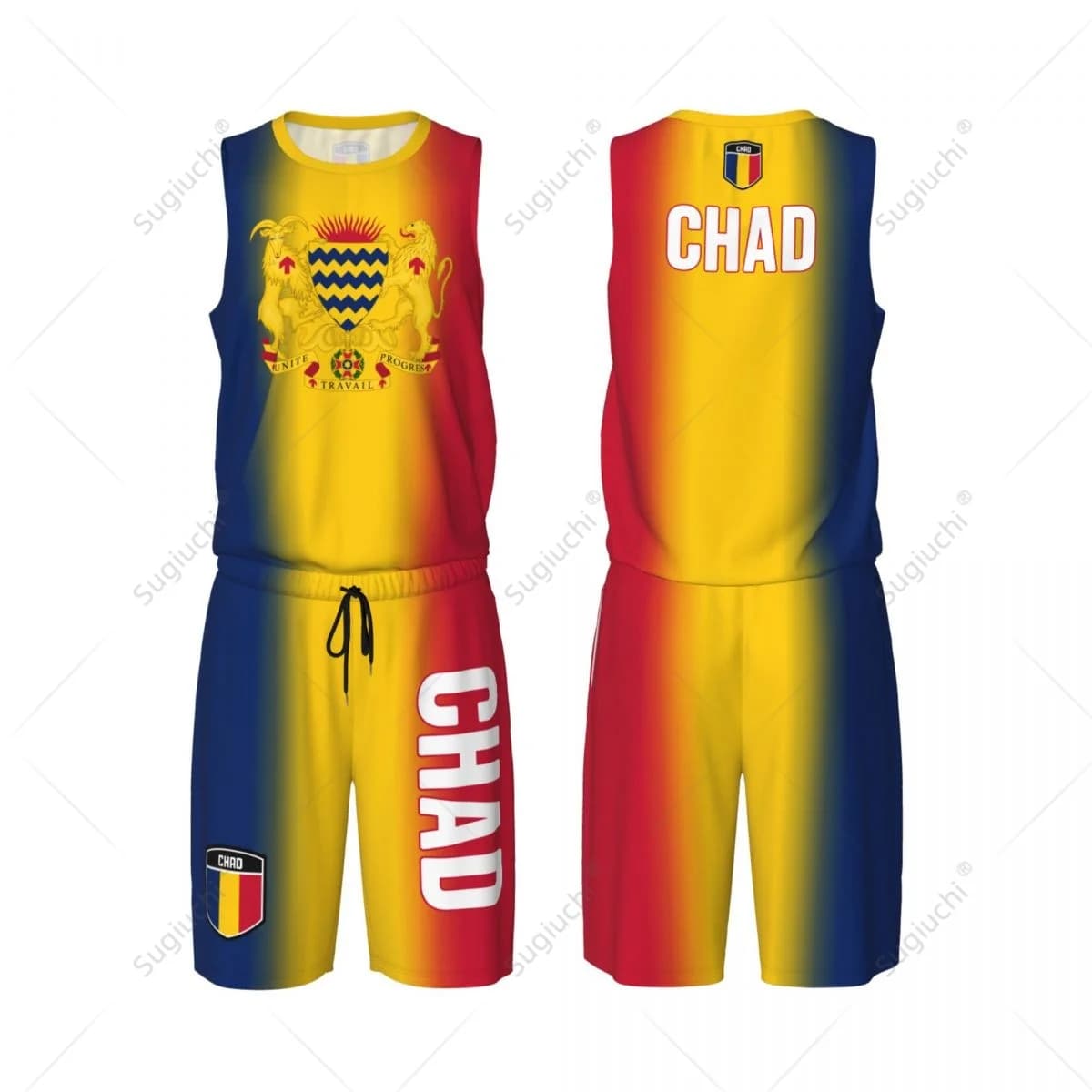 Set di maglie da basket con bandiera del Chad per uomo, maglietta e pantaloni in rete, senza maniche, nome personalizzato, numero unisex